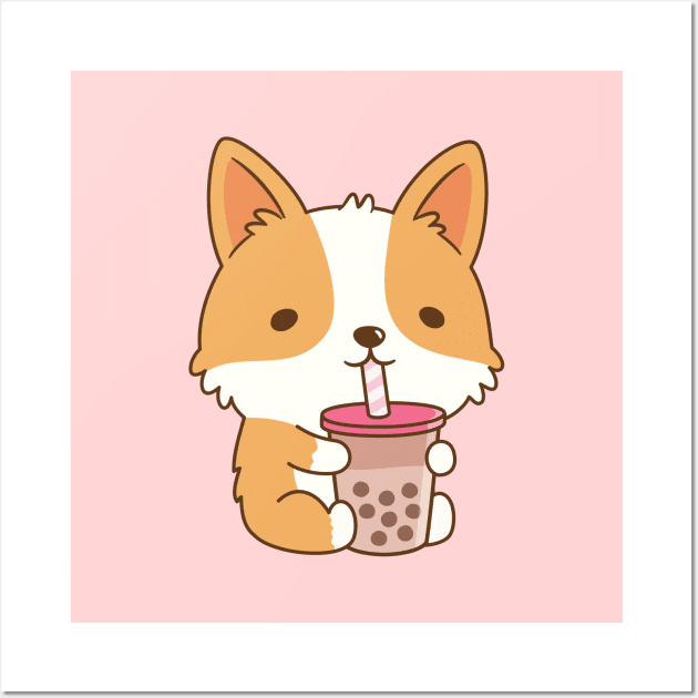 Cute Corgi Drinking Bubble Tea Wall Art by rustydoodle